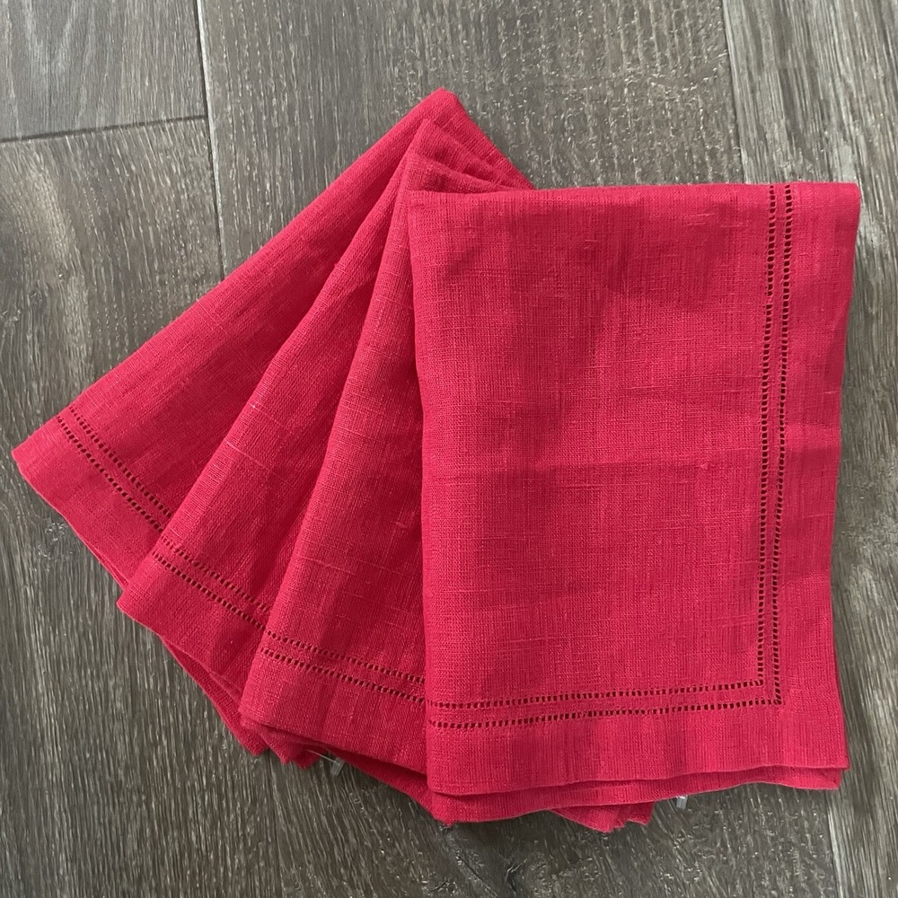 4 Vintage WILLIAMS SONOMA Hemstitched 100% Linen Placemats Crimson Red 14" x 20"